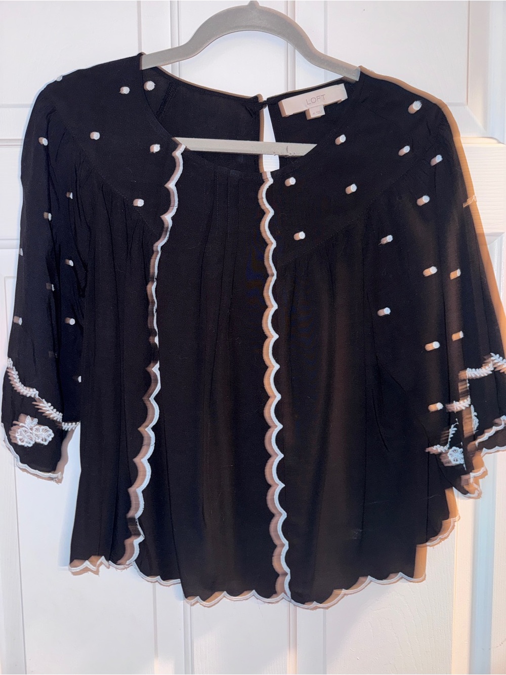 LOFT Black Blouse with White Embroidered Accents